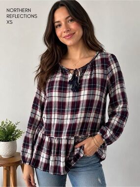 Northern Reflections Plaid Peplum Tassel Tie Blouse Burgundy Navy White XS